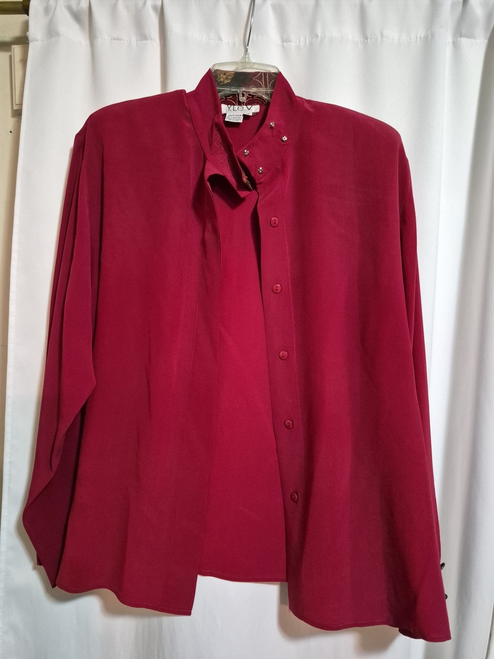 Classic Women's Red Button-Front Dress Shirt with Decorative Collar